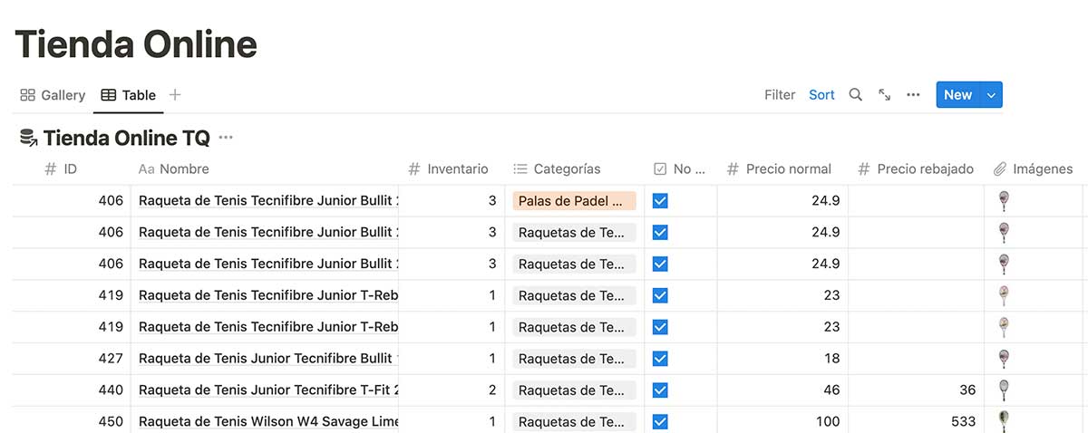 Base de datos de Notion titulada Tienda Online con el inventario, las categorías y los precios de cada raqueta