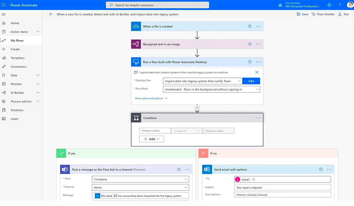 Editor de Power Automate con un flujo que, al crearse un archivo, reconoce el texto con AI Builder y lo importa en un sistema heredado avisando por Teams o por correo