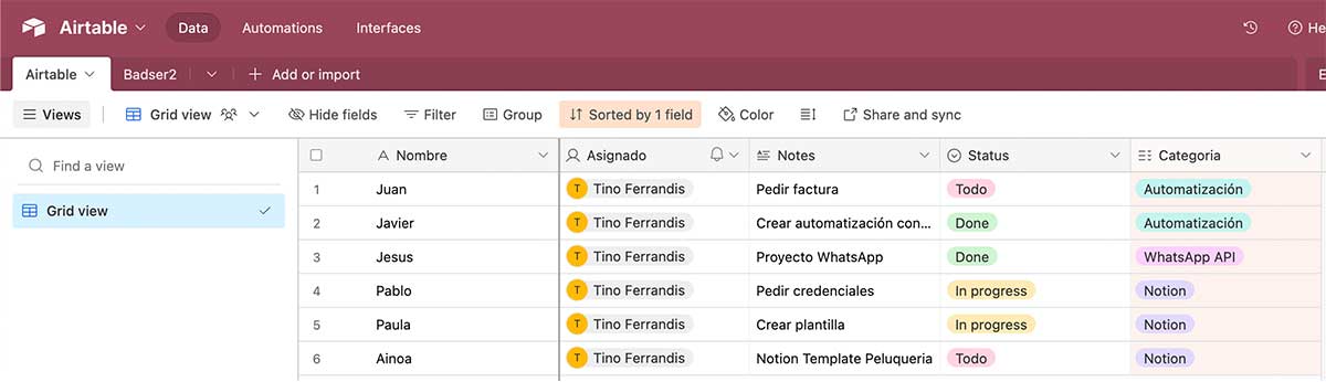 Vista de cuadrícula de Airtable con las tareas del equipo: responsable, nota, estado y categoría de cada una